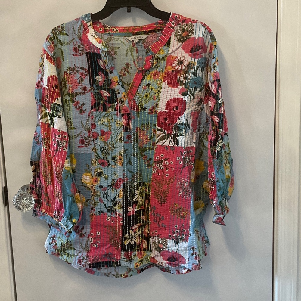 John Mark Floral Patchwork Blouse in Blue, Pink, Green